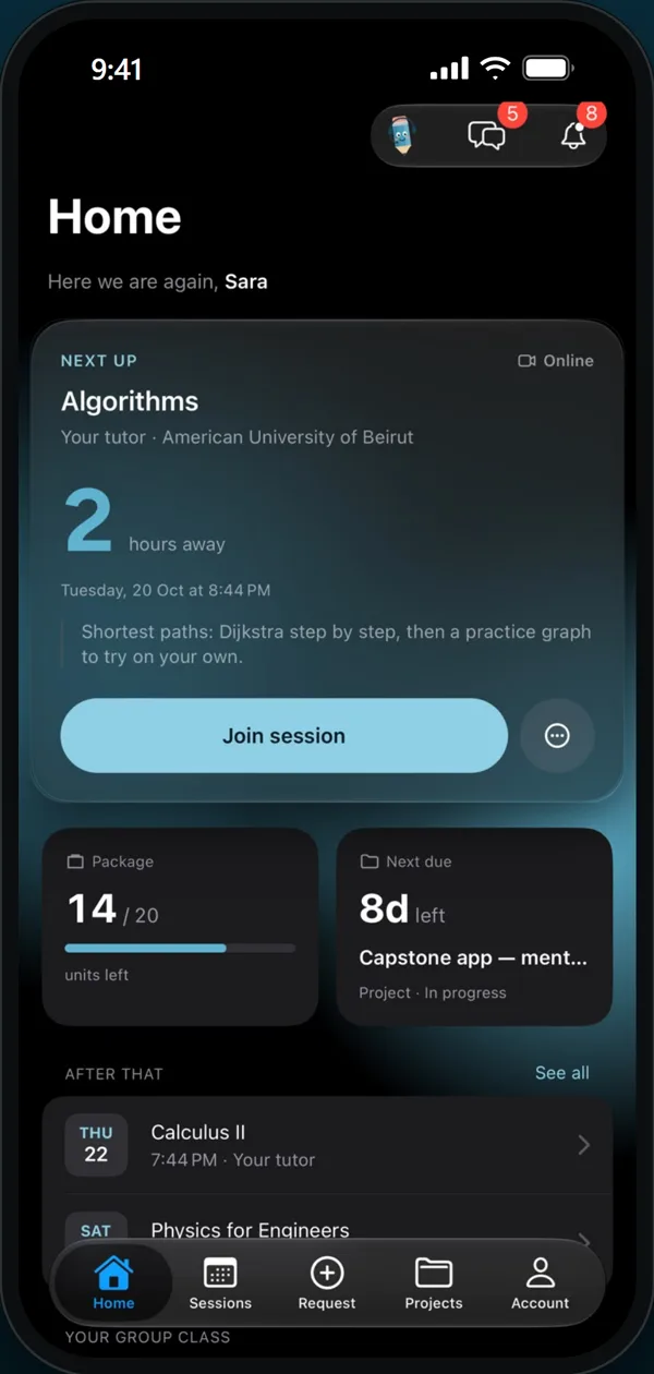 The Java Assistant iPhone app, showing the next session and package balance